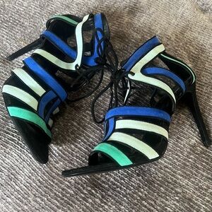 Zara Multi Blue and Black Strappy Lace Up Suede Heels 40